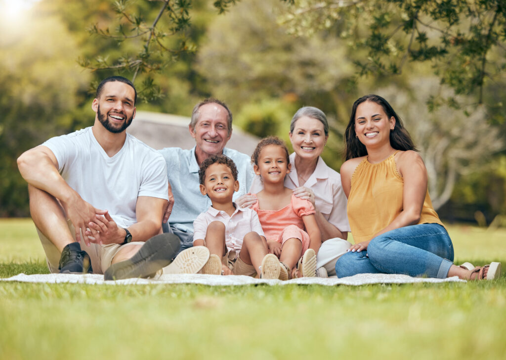 Big family, picnic and outdoor at nature park with children, parents and grandparents together for .